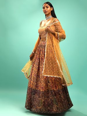 yellow silk embroidered handwork lehenga set choli with dupatta and dupatta  1