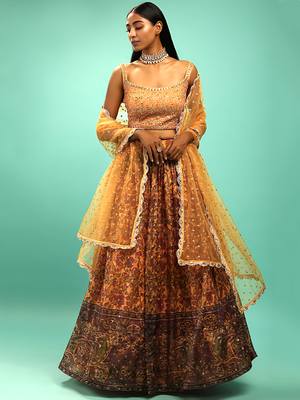 yellow silk embroidered handwork lehenga set choli with dupatta and dupatta  2