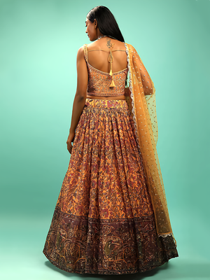 yellow silk embroidered handwork lehenga set choli with dupatta and dupatta  3