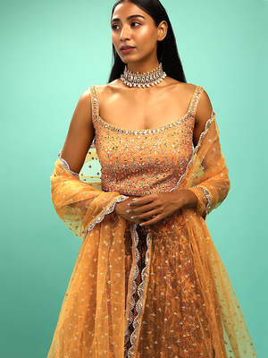 yellow silk embroidered handwork lehenga set choli with dupatta and dupatta  5