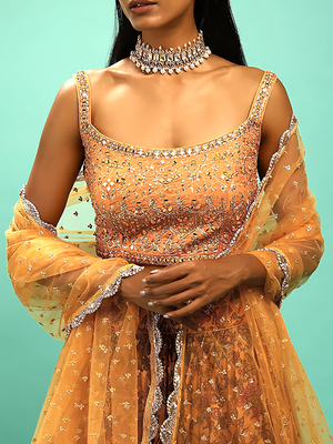 yellow silk embroidered handwork lehenga set choli with dupatta and dupatta  6