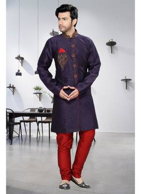 Blue Embroidered Art Silk Stitched Sherwani 2