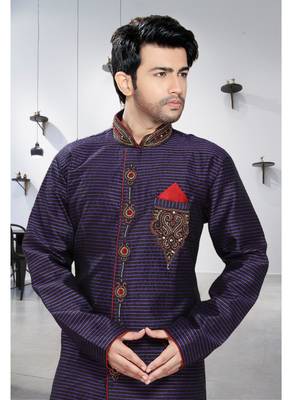 Blue Embroidered Art Silk Stitched Sherwani 3