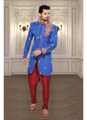 Blue Embroidered Linen Stitched Sherwani 2