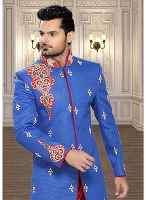 Blue Embroidered Linen Stitched Sherwani 3