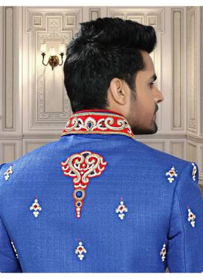 Blue Embroidered Linen Stitched Sherwani 4