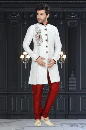 Off White Embroidered Jaquard Stitched Sherwani