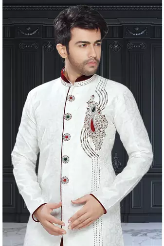 Off White Embroidered Jaquard Stitched Sherwani