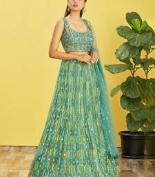 green mirror work and digital print organza party lehenga set choli with dupatta