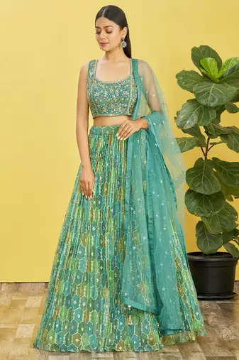 green mirror work and digital print organza party lehenga set choli with dupatta