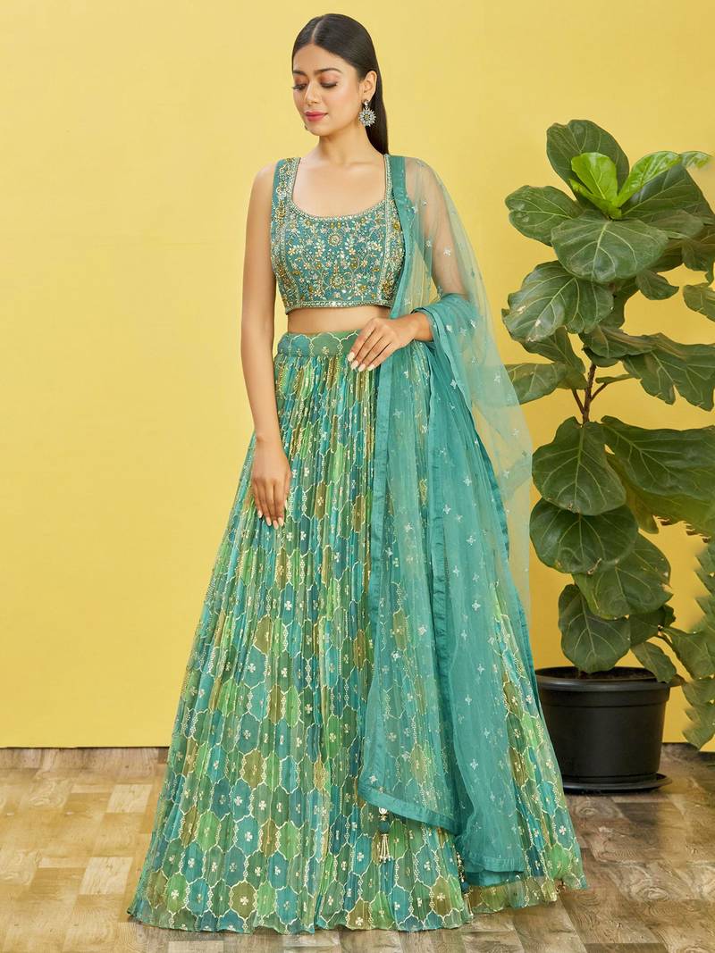 Stunning Green Mirror Work And Digital Print Organza Party Wear Lehenga Choli