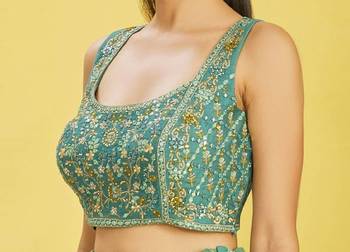 green mirror work and digital print organza party lehenga set choli with dupatta 3