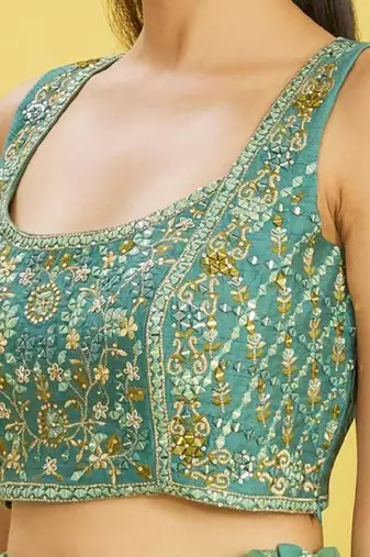 green mirror work and digital print organza party lehenga set choli with dupatta