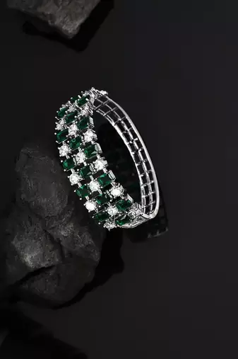 Stylish Silver Tone Green AD stone Studded Openable Bracelet