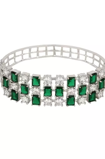 Stylish Silver Tone Green AD stone Studded Openable Bracelet