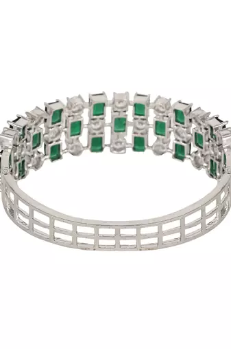 Stylish Silver Tone Green AD stone Studded Openable Bracelet