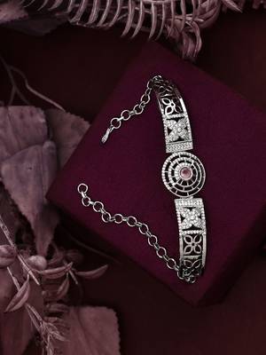 Stylish Silver Tone Pink AD stone Studded Openable Bracelet 2