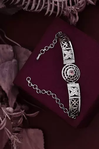 Stylish Silver Tone Pink AD stone Studded Openable Bracelet