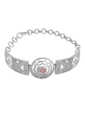 Stylish Silver Tone Pink AD stone Studded Openable Bracelet 3