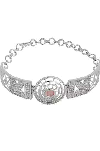 Stylish Silver Tone Pink AD stone Studded Openable Bracelet