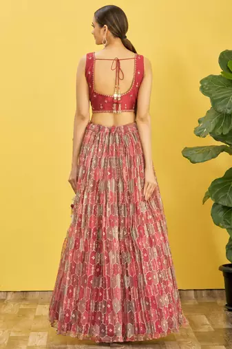 brown mirror work and digital print organza party lehenga set choli with dupatta