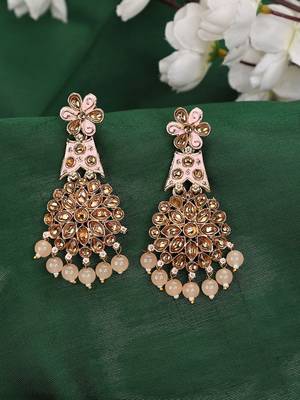 Traditional Pink & Gold-Toned Teardrop Shaped Drop Earrings 1