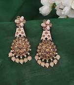 Traditional Pink & Gold-Toned Teardrop Shaped Drop Earrings