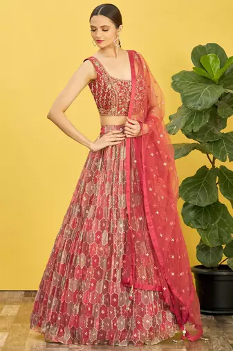 brown mirror work and digital print organza party lehenga set choli with dupatta