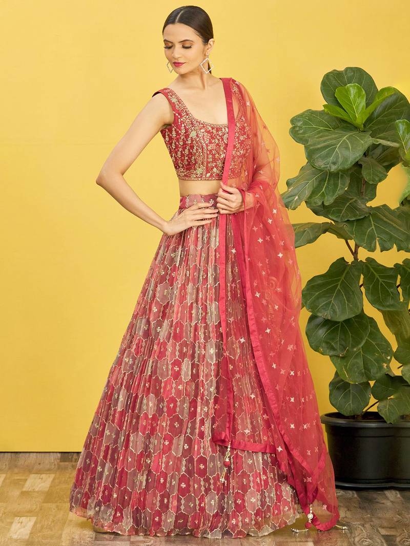 Stunning Brown Mirror Work And Digital Print Organza Party Wear Lehenga Choli