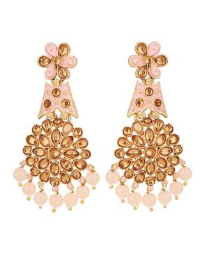 Traditional Pink & Gold-Toned Teardrop Shaped Drop Earrings 2