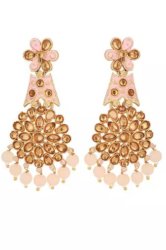 Traditional Pink & Gold-Toned Teardrop Shaped Drop Earrings