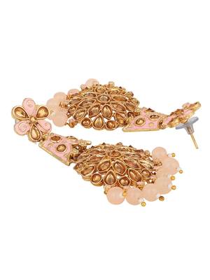 Traditional Pink & Gold-Toned Teardrop Shaped Drop Earrings 3