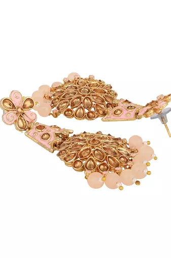 Traditional Pink & Gold-Toned Teardrop Shaped Drop Earrings