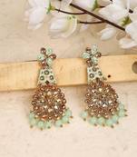 Traditional Sea Green & Gold-Toned Teardrop Shaped Drop Earrings
