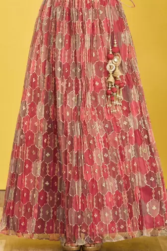 brown mirror work and digital print organza party lehenga set choli with dupatta