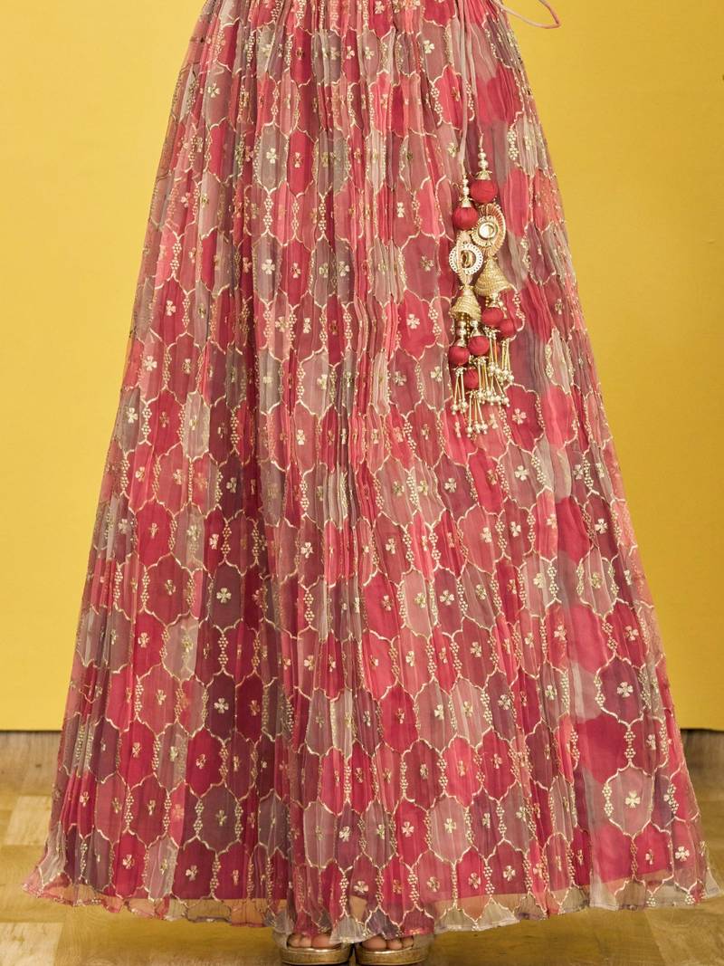 Stunning Brown Mirror Work And Digital Print Organza Party Wear Lehenga Choli