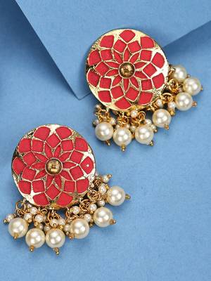 Traditional Red Enamelled Floral Shape Pearl and Stone Stud Earring 1