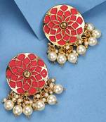 Traditional Red Enamelled Floral Shape Pearl and Stone Stud Earring