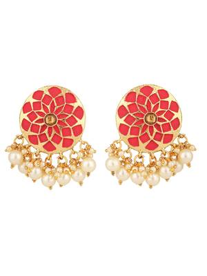 Traditional Red Enamelled Floral Shape Pearl and Stone Stud Earring 2