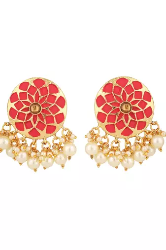 Traditional Red Enamelled Floral Shape Pearl and Stone Stud Earring