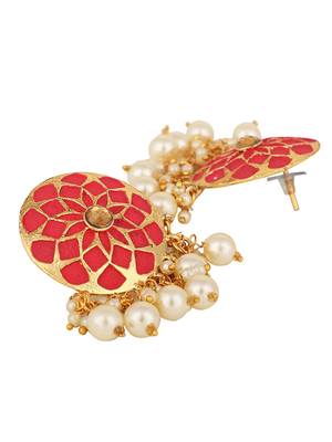 Traditional Red Enamelled Floral Shape Pearl and Stone Stud Earring 3