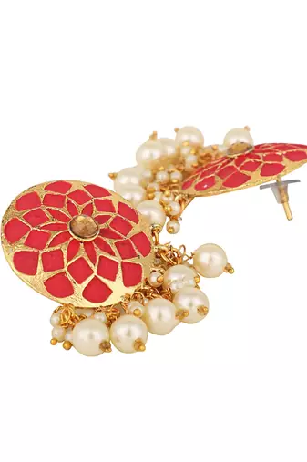Traditional Red Enamelled Floral Shape Pearl and Stone Stud Earring