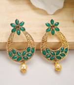 Exclusive Green & Gold Floral Design Brass Drop Earring
