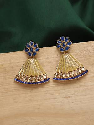 Traditional Gold Tone Class Triangular Shape Blue Stone Earring 1