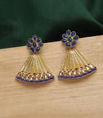 Traditional Gold Tone Class Triangular Shape Blue Stone Earring