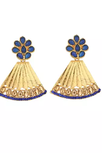 Traditional Gold Tone Class Triangular Shape Blue Stone Earring