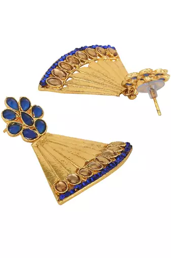 Traditional Gold Tone Class Triangular Shape Blue Stone Earring