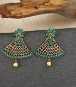 Traditional Gold Tone Class Triangular Shape Green Stone Earring