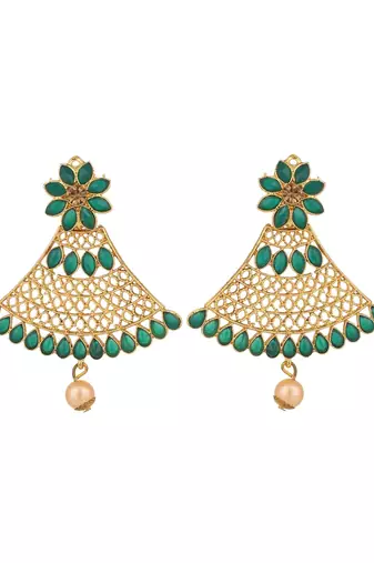 Traditional Gold Tone Class Triangular Shape Green Stone Earring