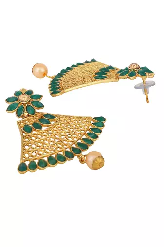 Traditional Gold Tone Class Triangular Shape Green Stone Earring